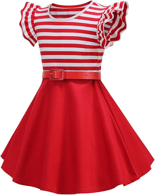 BILIKEYU Girls Striped Summer Beach Dress Flutter Sleeve Belt Waisted Color Block Ruffle A - Line Swing Casual - TrendyLookz