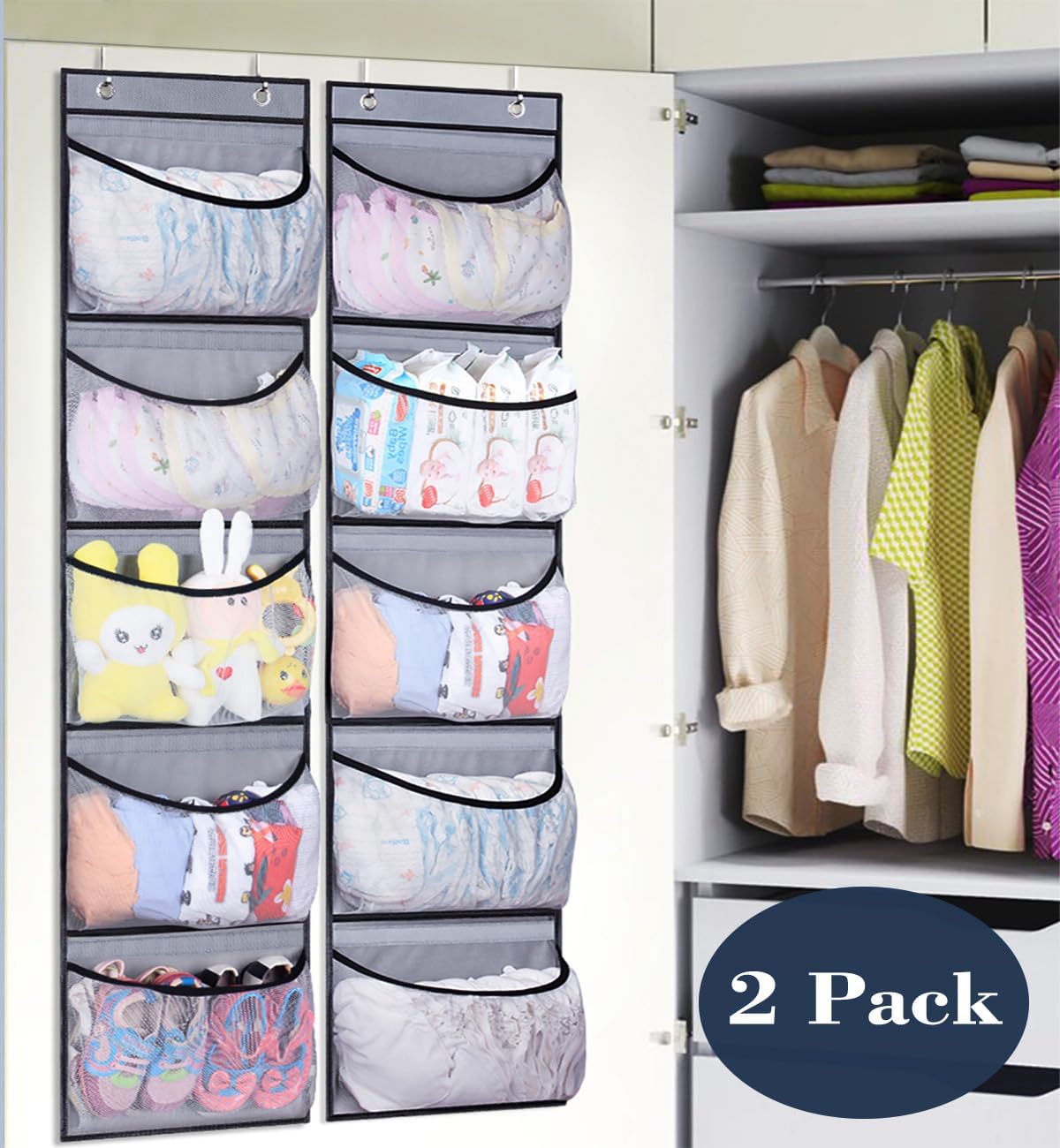 KEETDY Hanging Shelves Over the Door Organizer Storage for Closet with 5 Pockets Organizer for Bedroom Bathroom, 2 Pack（Grey）
