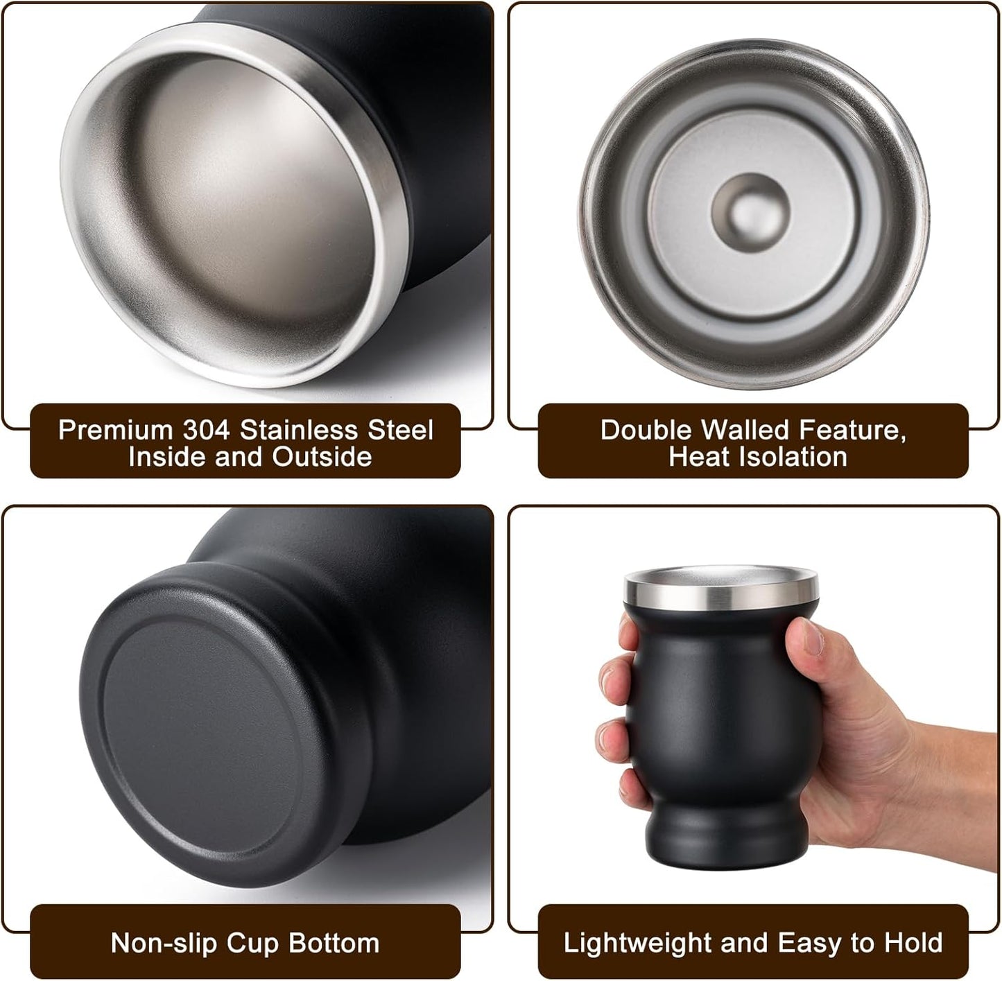 8oz Yerba Mate Cup, 304 Stainless Steel Double-Wall Mate Cup, Heat Insulation Yerba Mate Gourd, Tea Cup Set Includes Cleaning Brush & 2 Bombillas (Black)
