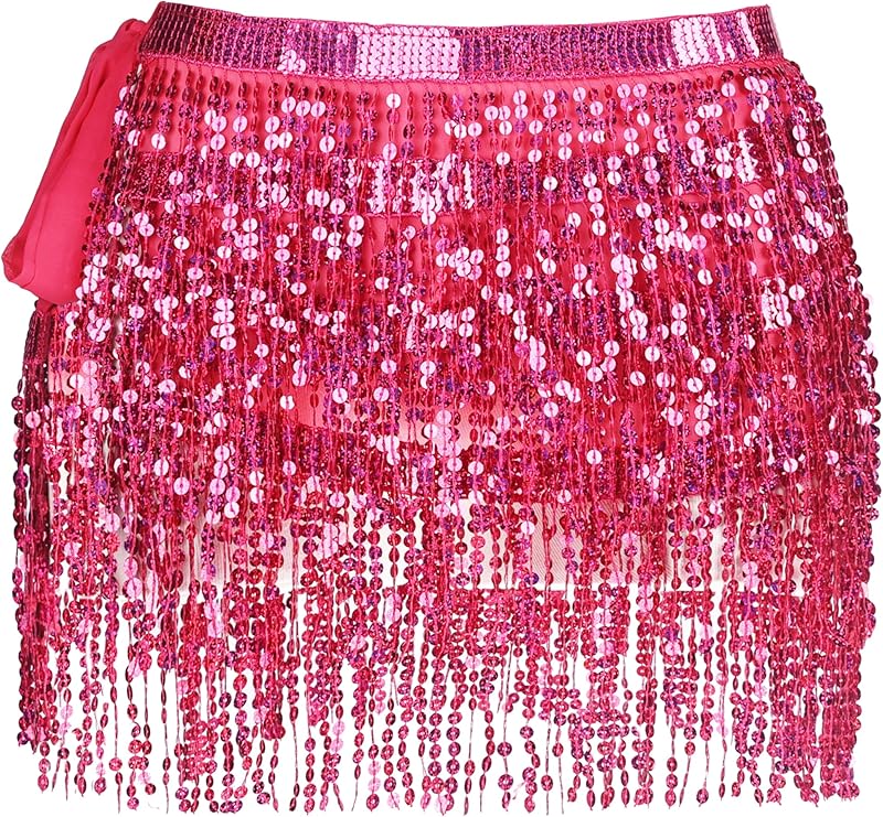 Women Belly Dance Skirt Tassel Fringe Skirts Sparkly Sequin Hip Scarf Party Costume