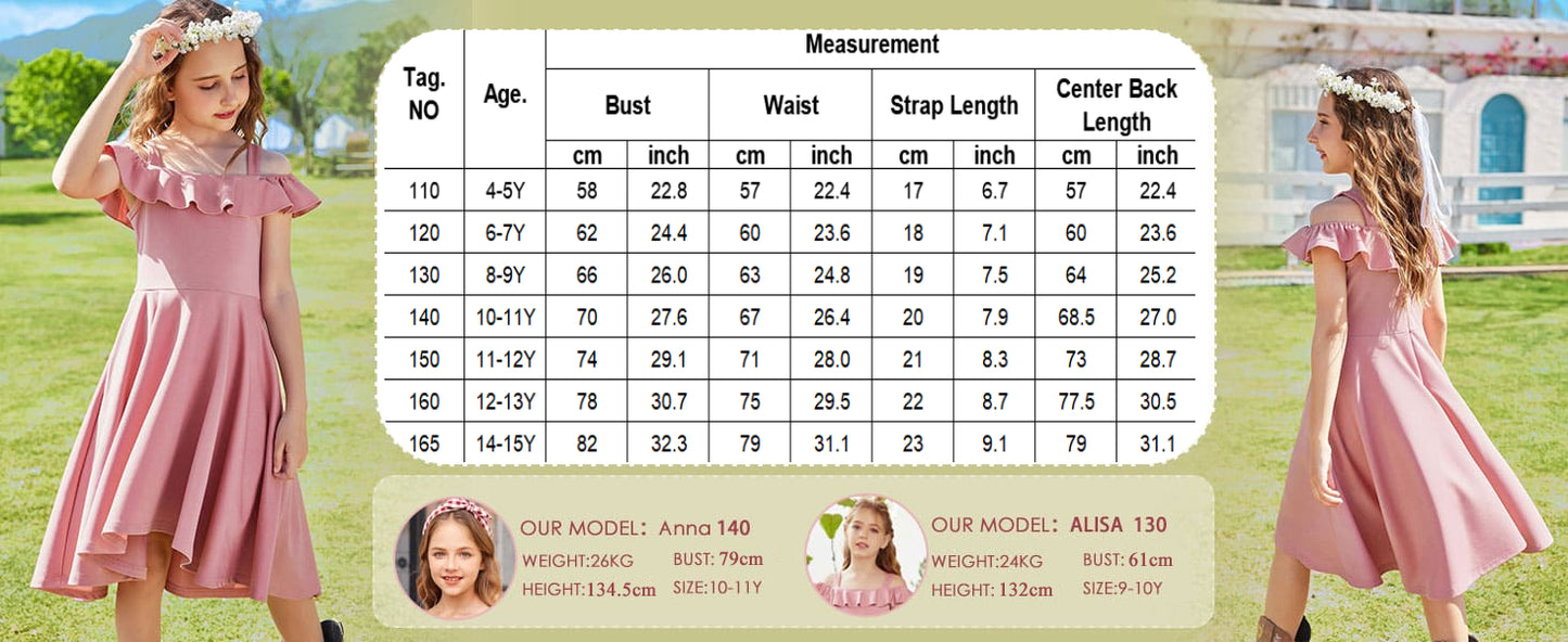 Arshiner Girls Summer Dress Off Shoulder Children's Dress Ruffle Sleeves Elegant Strap Dress Children A Line Swing Dress High Low Dress Casual Dresses with Pocket 4-13Years