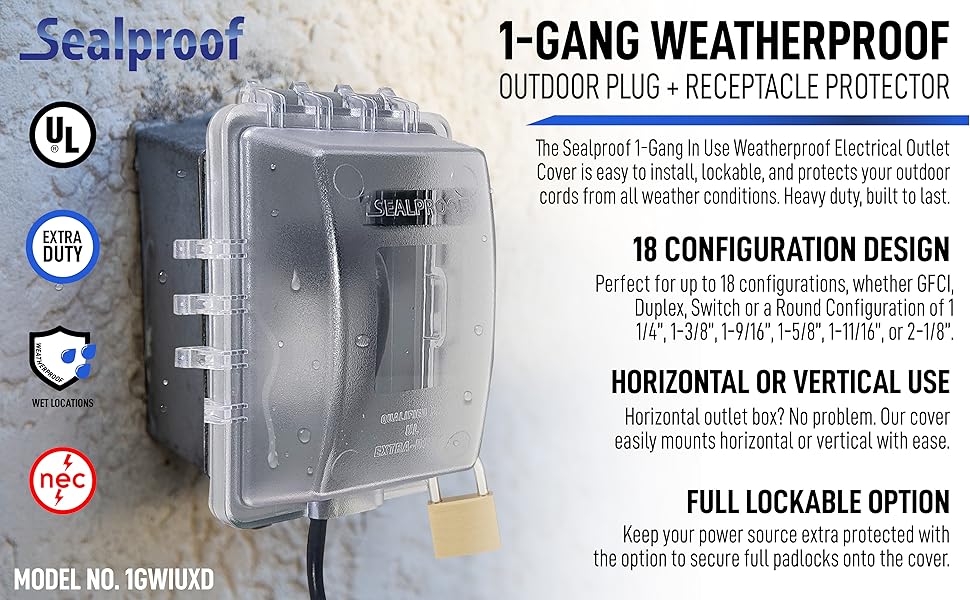 Sealproof 1-Gang Weatherproof In Use Outlet Cover | Horizontal/Vertical Outdoor Plug and Receptacle Protector, Lockable Bubble Cover, UL Extra Duty Compliant, 18 Configurations