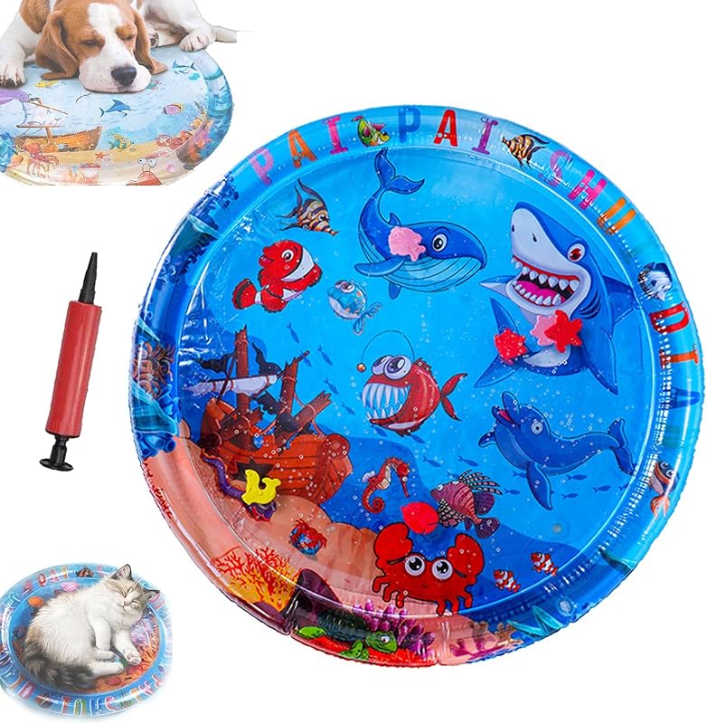 Pet Water Bed, Thickened Water Sensory Play Mat for Cats Dog, Waterbed Toy with Fish, Washable Inflatable Playmat, Puncture Proof Cooling Mat for Pet, Feel Cool Comfort (Large Round Model C)