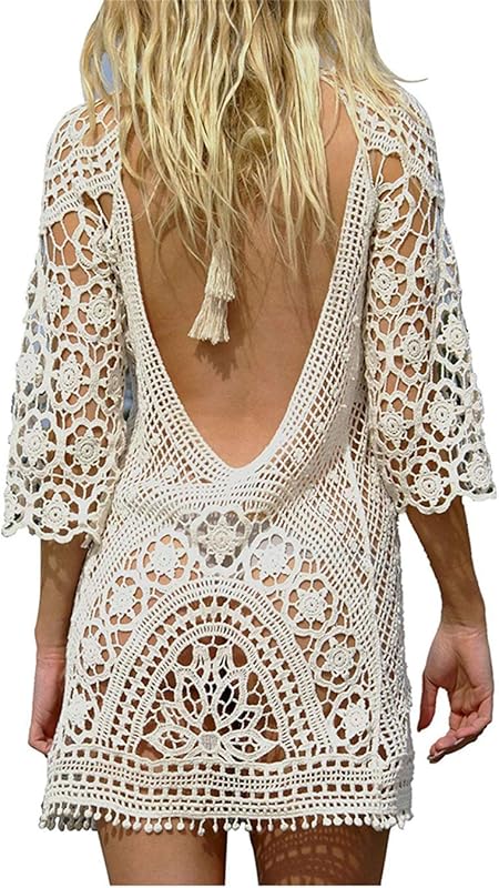 TMEOG Strandkleider Damen Kurze Kleid Badeanzug Bikini Spitze Crochet Cover Up