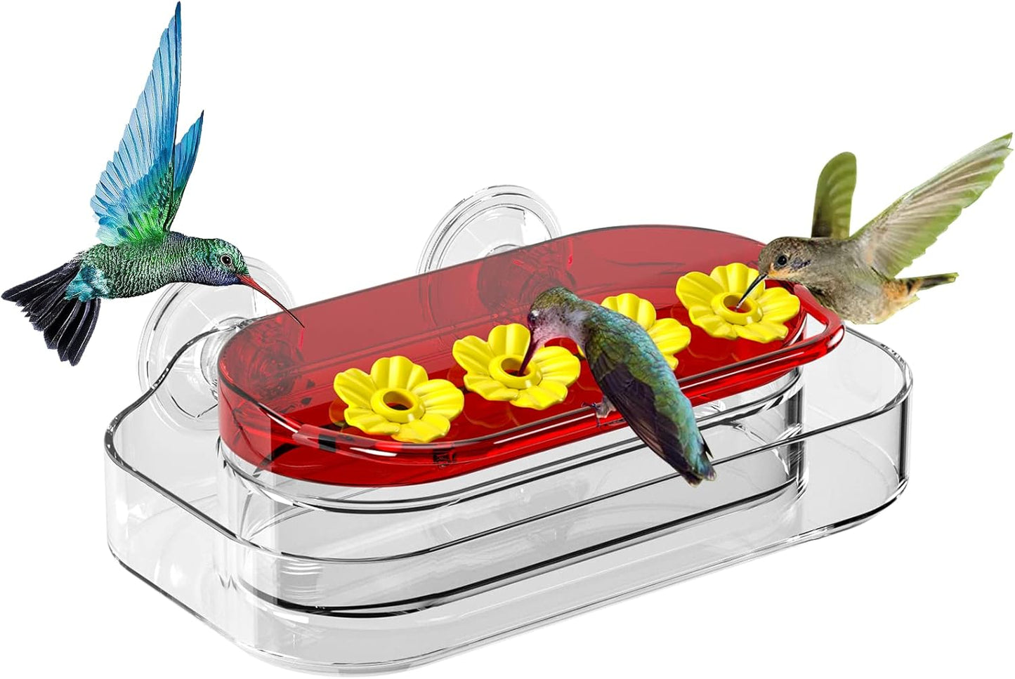 Window Hummingbird Feeder, Strong Suction Cup Hummingbird Feeder with 4 Feeding Ports, Easy to Clean and Refill Plastic Humming Bird Feeder, 1 Pack, 10oz