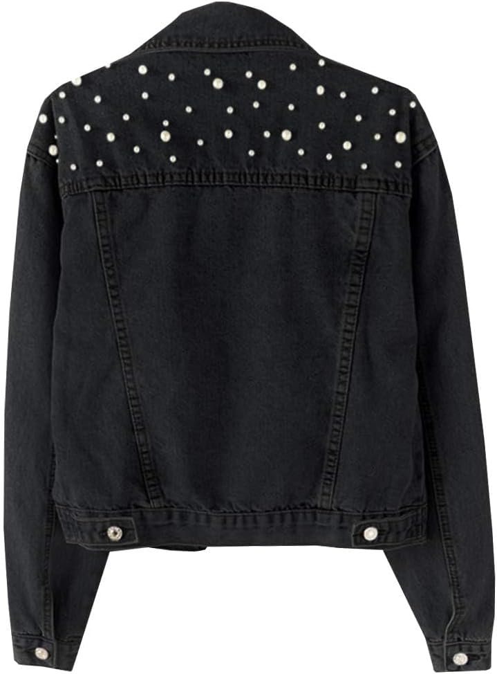 Women’s Oversized Denim Jacket with Pearl Beading and Embroidered Details – Jean Coat