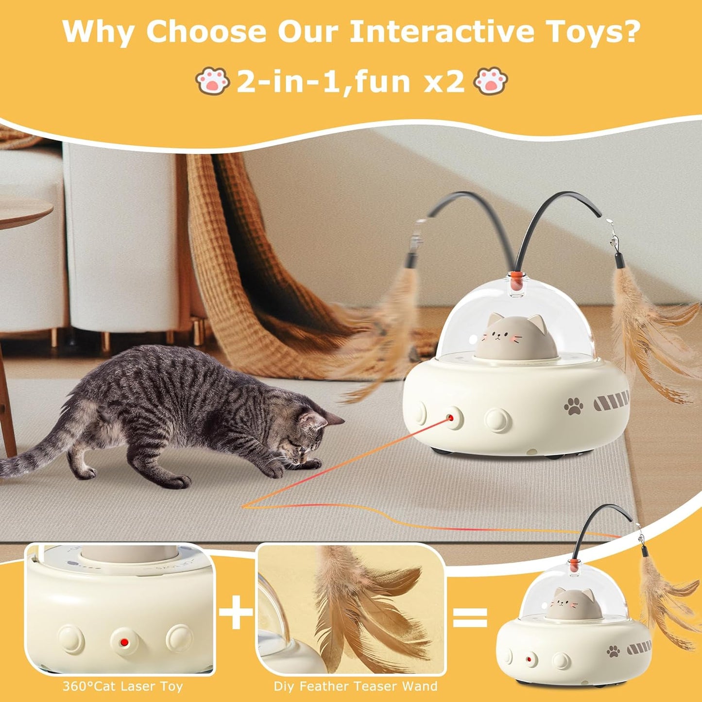 hooroor Laser Cat Toy for Indoor Cats,2 in 1 UFO-Vehicle Automatic Motion with Feather,Rechargeable Electronic Smart Sensor,Interactive Toys for Bored Cats\/Kittens\/Dogs,Ideal Gift for Pet Lover