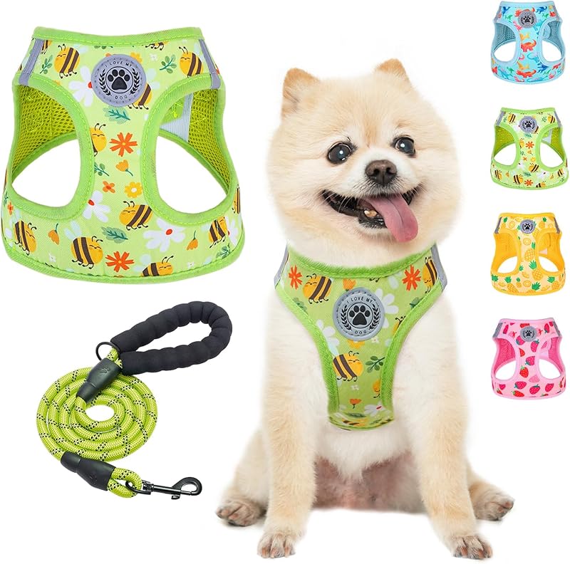 BEAUTYZOO Plaid Dog Harness and Leash Set for XS S Pets, Step-in No Choke No Pull Soft Mesh Vest Harness, Reflective for Extra-Small/Small Medium Puppy Dogs and Cats, Beige S