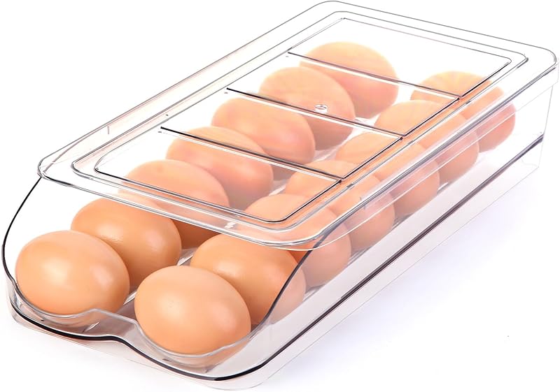 Egg Holder for Fridge, Automatic Rolling Egg Container for Refrigerator, Stackable Fridge Organizers and Storage with Lid, Clear Plastic Egg Dispenser & Tray (2 Tier)