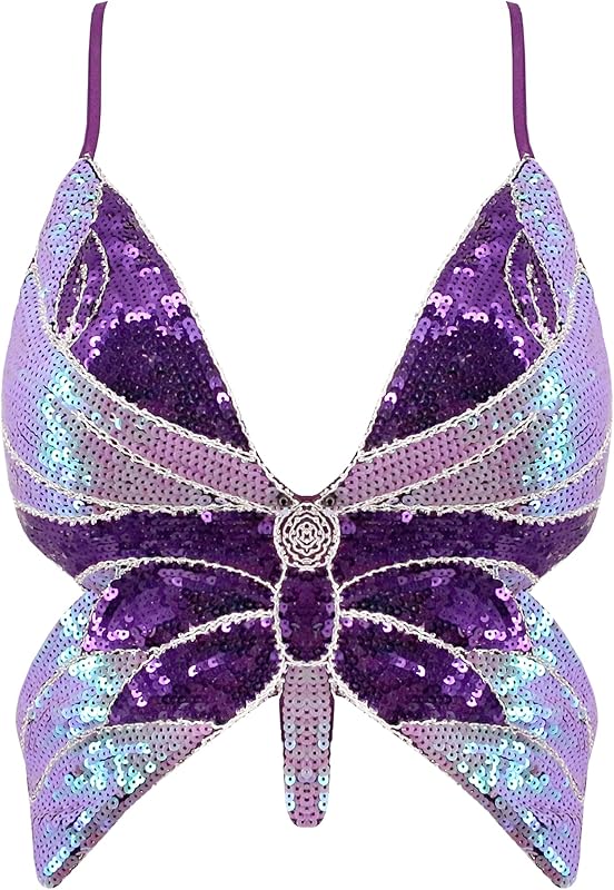 Mocure Womens Glitter Sequin Butterfly Crop Top Low-Cut Tank Top Rave Tube Vest Top for Belly Dance Costume Outfits