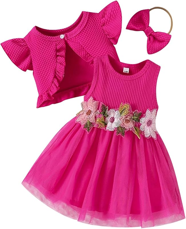 IDOPIP Baby Girls Tutu Dress Cardigan Headband 3 Pieces Elegant Embroidery Outfit Princess Baptism Ball Gown Pageant Dress