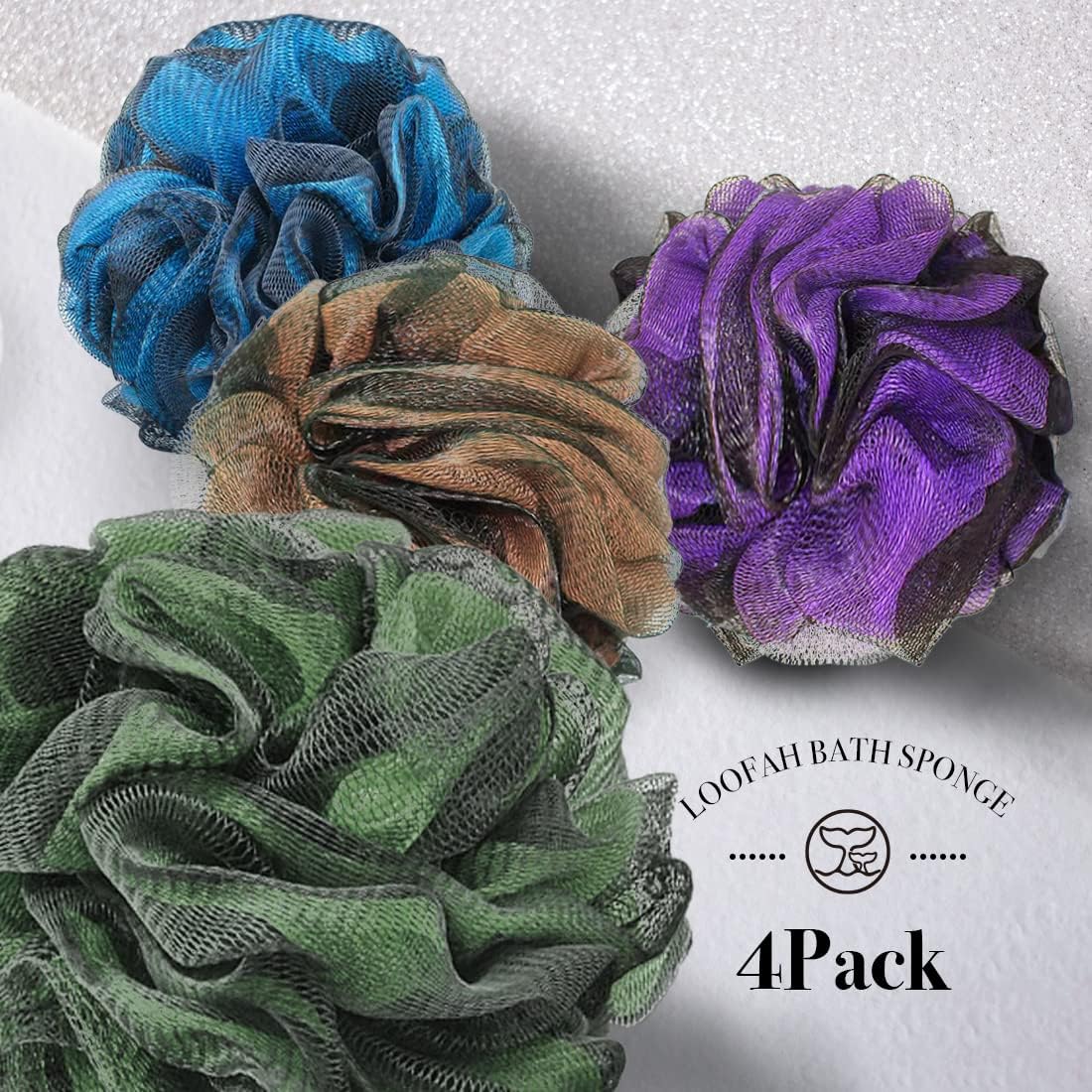 Loofah Sponge Bath Sponge for Women Men 4 Pack (Purple Brown Green Blue)