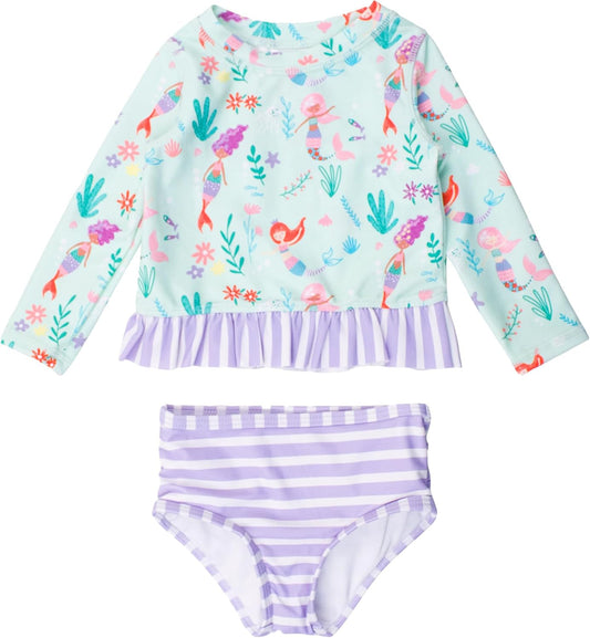RuffleButts Baby/Toddler Girls Long Sleeve Rash Guard UPF50+ Sun Protected Bikini Swimsuit