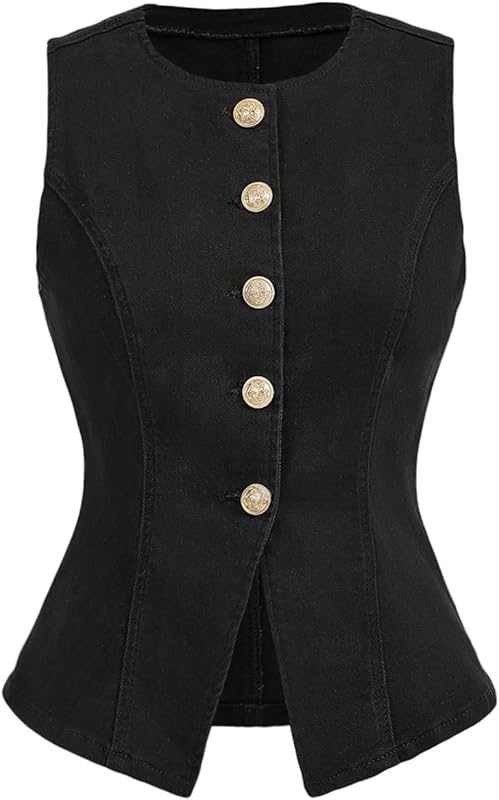 MakeMeChic Women's Denim Vest Top Summer Button Down Sleeveless Jean Jacket Crew Neck Waistcoat