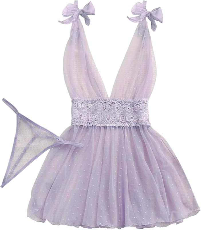Lilosy Sexy Polka Dots Mesh Sheer Lace Babydoll Chemise Lingerie Set Floral Lace Sleep Wear