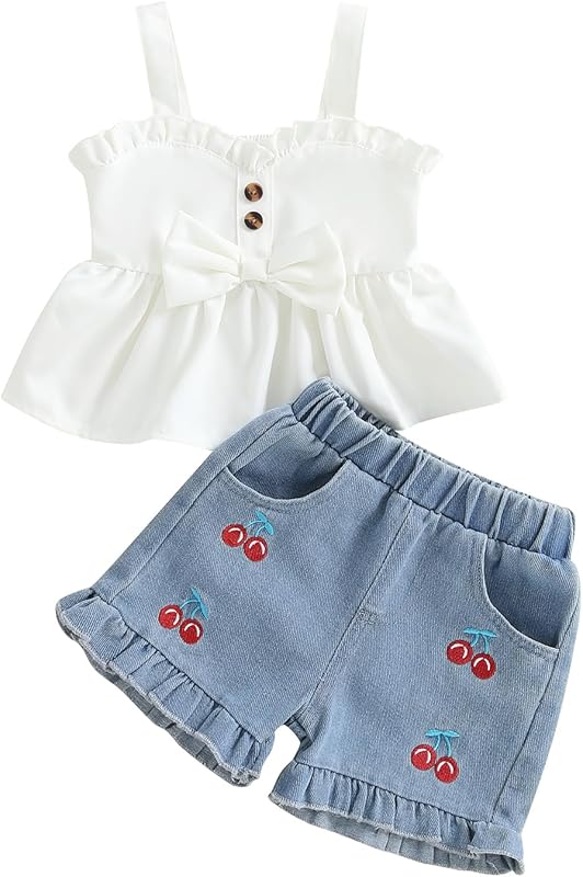 Emmababy Toddler Girls Denim Shorts Set Ribbed Crop Tank Top Sleeveless Bow Jean Shorts Skirt Western Baby Summer Clothes
