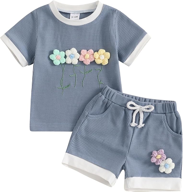 Kayotuas Toddler Baby Girl Summer Clothes 3D Flower Bow Short Sleeve T Shirt Tops Shorts 2Pcs Set Cute Infant Waffle Outfits