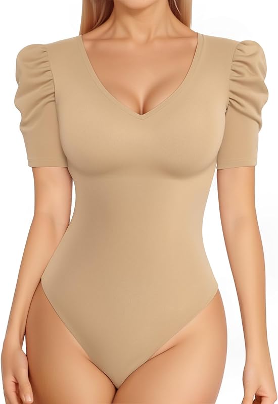 MANGOPOP Women's Bodysuit Deep V Neck Puff Short Sleeve Slim Fit Body Suits Casual Blouse Tops Elegant