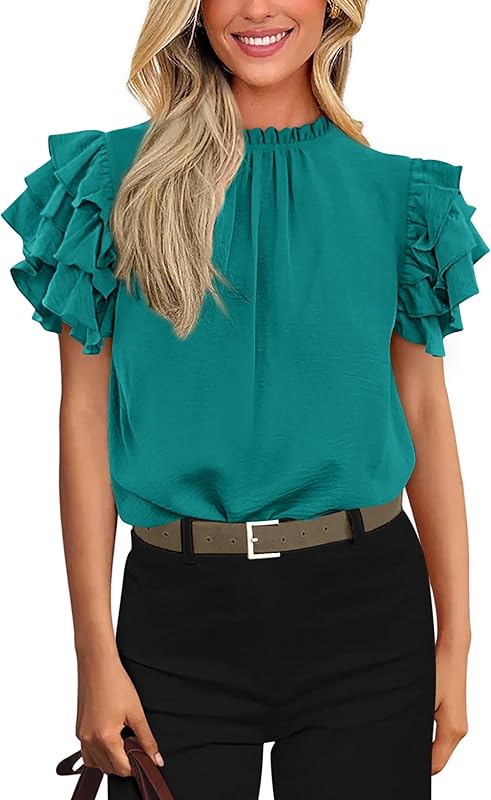 KIRUNDO Womens Blouse 2025 Spring Summer Dressy Casual Ruffle Short Sleeve Frill Mock Neck Work Shirt Tops Fashion Clothing