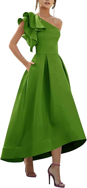 One Shoulder Satin Mother of Bride Dresses 2025 High-Low Ruffle Formal Evening Party Gowns