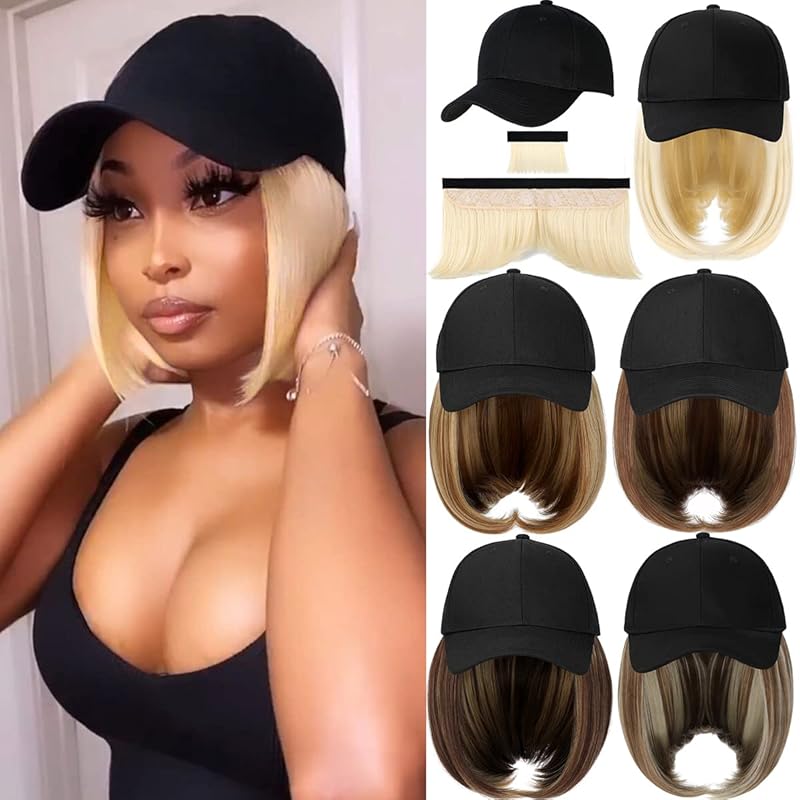 Qlenkay Baseball Cap with Hair Extensions Straight Short Bob Hairstyle Adjustable Removable Wig Hat 14inch for Woman Girl Ash Blonde Mix Bleach Blonde