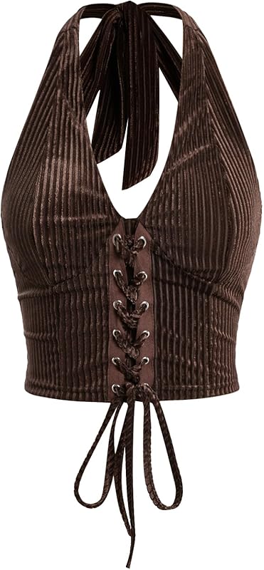 Verdusa Women's Going Out Halter Corset Tops Sleeveless Lace Up Open Back Crop Top