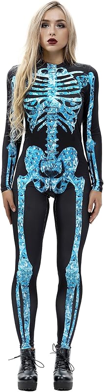 JJEUWE Women's Skeleton Halloween Bodysuit Costume Stretch Skinny Catsuit Jumpsuit
