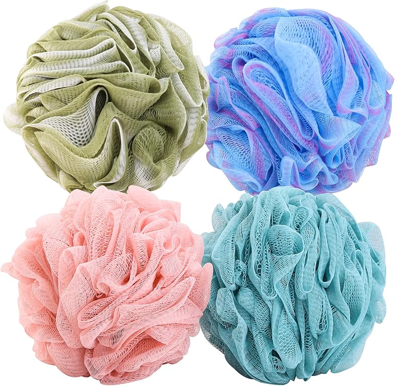 BTYMS 4 Pieces Shower Loofahs Bath Sponges 60g/pcs Mesh Puffs Body Scrub Luffas Bath Scrunchies for Shower Exfoliate