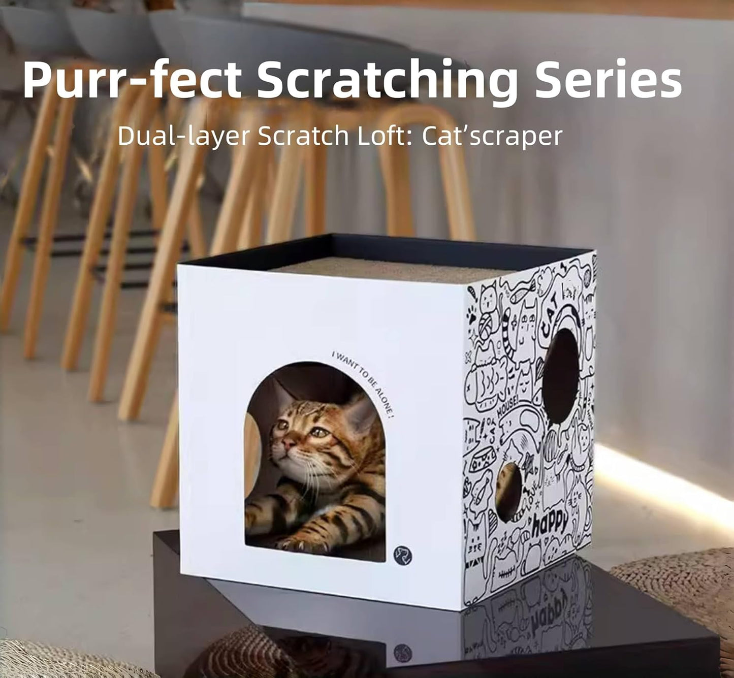 Dual-Level Cat Scratcher & Cozy Cat Cave House - Space-Saving Durable Corrugated Fiberboard for Indoor Cats, Furniture Protector with Adventure-Ready Design Cardboard Cat House