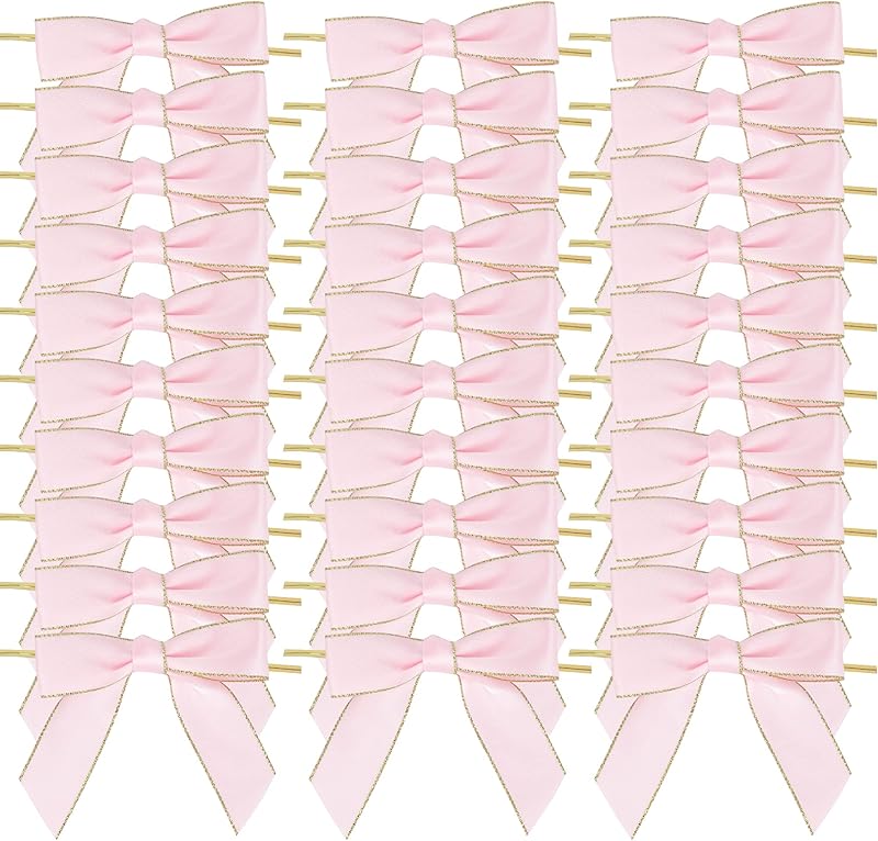 AIMUDI Pink Bows 3.5" Premade Satin Ribbon Bows with Gold Edge Pre-Tied Twist Tie Bows for Gift Wrapping Crafts Treat Bags Baby Shower Wedding Party Decorations, 50 Counts