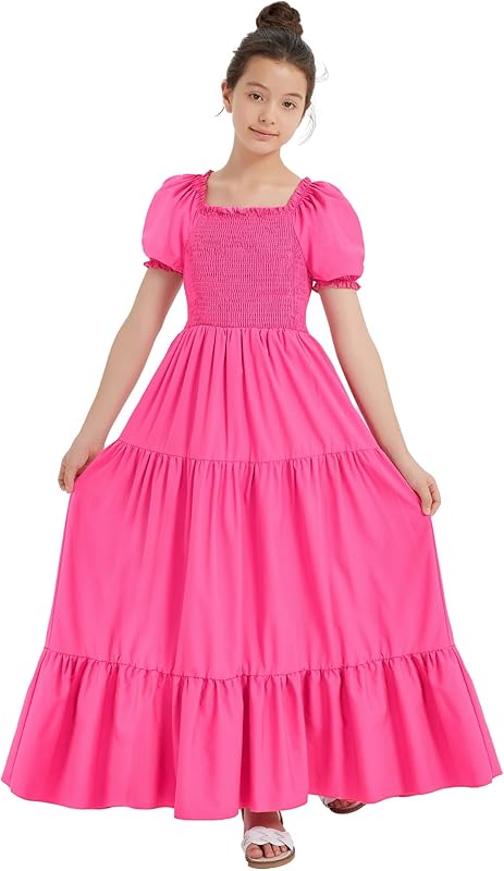 EXARUS Girls Maxi Long Smocked Dress Tween Swiss Dots Summer Square Neck Short Sleeve Casual A-line Dresses for 6-12Y