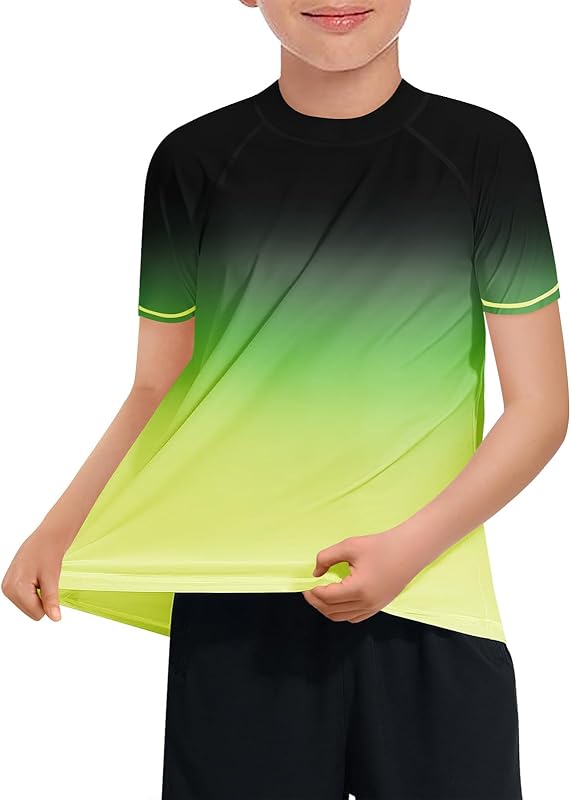 Haloumoning Boys Gradient Rash Guard Swim Shirt Short Sleeve UPF+ 50 Sun Shirts for Kids Rashguard Water Shirts