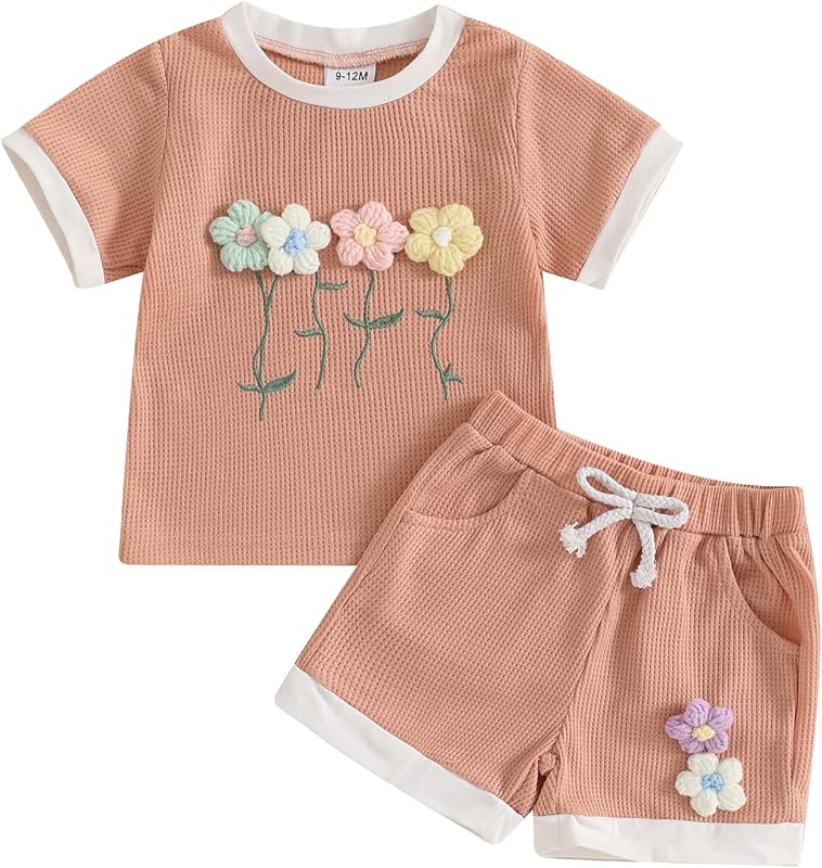 Kayotuas Toddler Baby Girl Summer Clothes 3D Flower Bow Short Sleeve T Shirt Tops Shorts 2Pcs Set Cute Infant Waffle Outfits