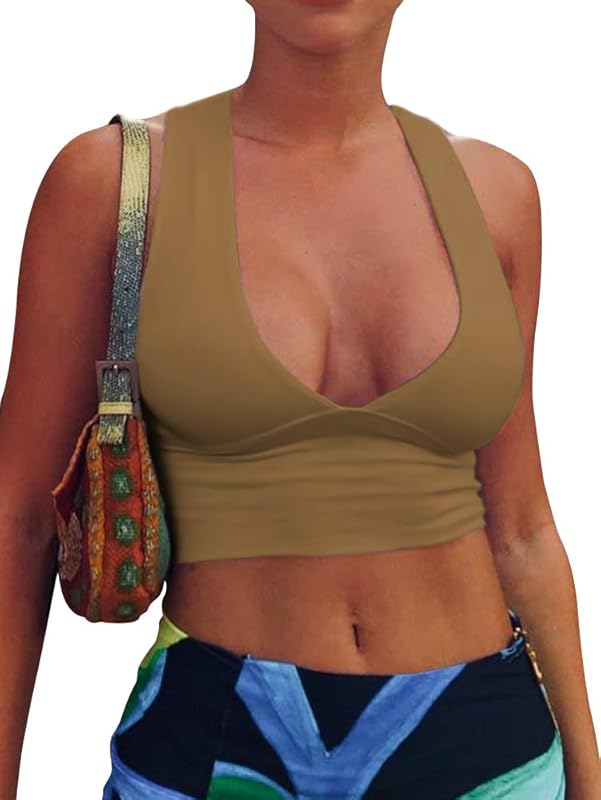AEPEBO Sexy Crop Tops for Women Deep V Neck Back Cutout Sleeveless Plunge Racerback Tank Cropped Top