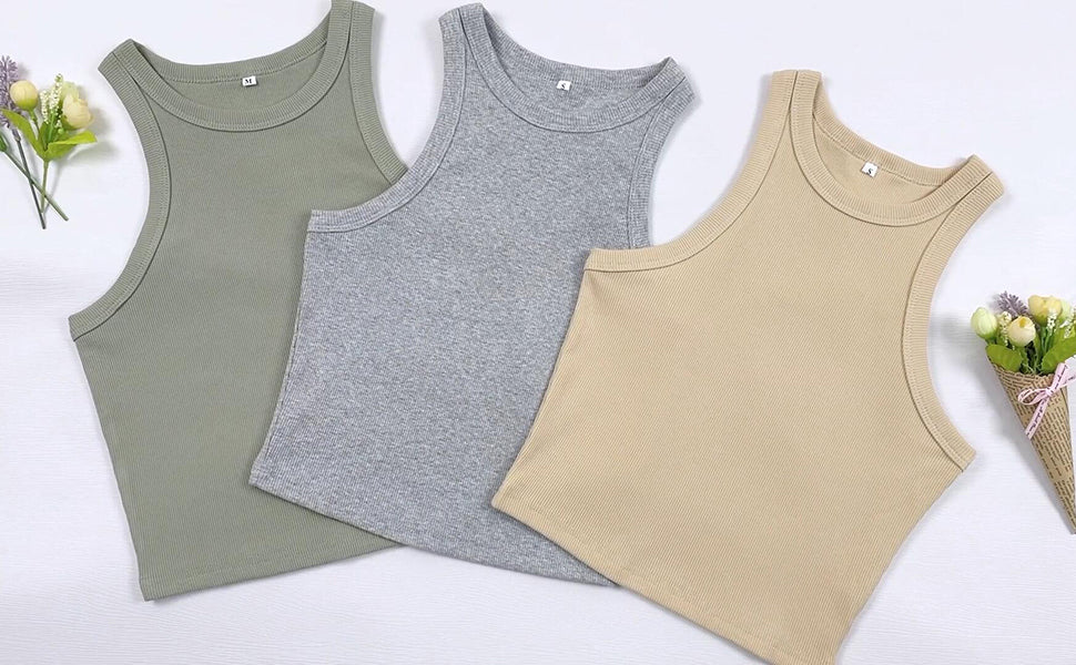 Artfish Women Casual Basic Sleeveless High Neck Rib-Knit Y2k Crop Tank Top