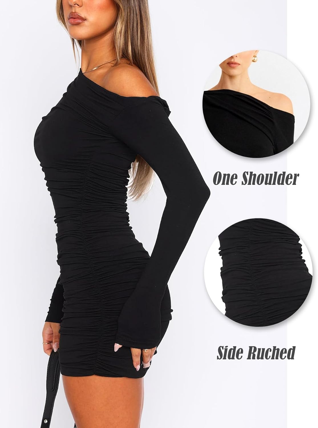 Navneet Women Off Shoulder Mini Dress Ruched Long Sleeve Bodycon Dress Sexy Party Dresses Going Out Clubbing