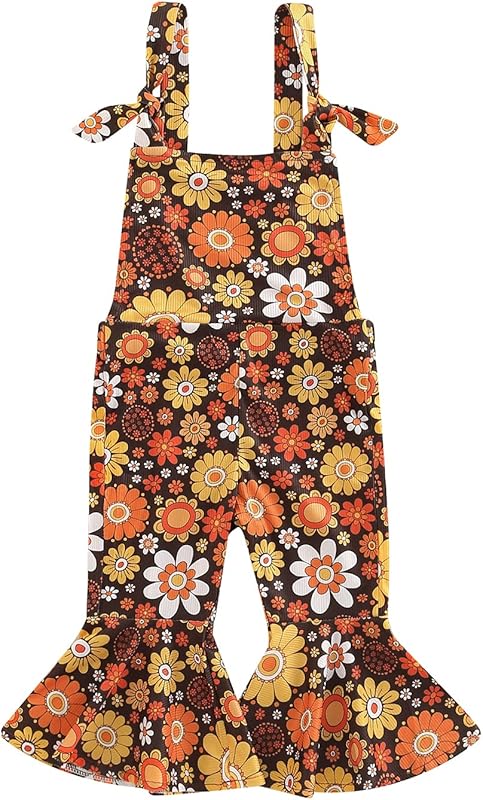 Emmababy Baby Girl Bell Bottoms Romper Toddler Floral Overalls Suspender Flare Pants Sleeveless Strap Jumpsuit Fall Clothes