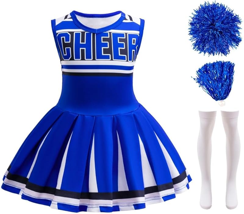 Dressy Daisy Girls Cheerleader Cheerleading Halloween Cheer Costume Dress Up Outfit Uniform with Poms Poms and Socks