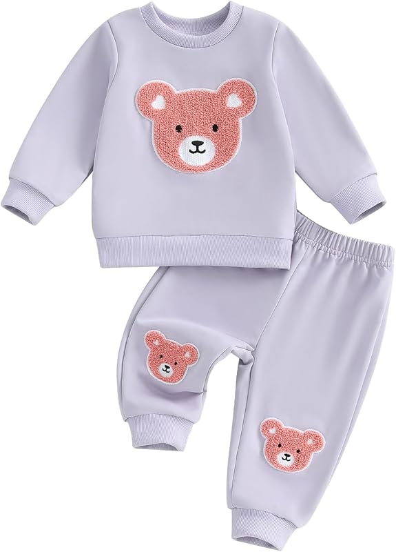 WZTYYDS Toddler Baby Girl Fall Winter Clothes Bear Embroidered Long Sleeve Sweatshirt Pants Outfits Set 2Pcs Sweatsuit