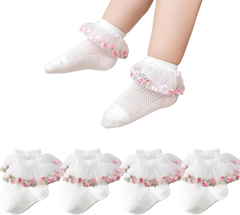 Looching Baby Infant Cute Lace Ankle Socks with Embroidered Flowers Toddler Eyelet Floral Socks 4 Pack