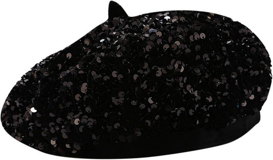 Women Beret Hat Glitter Sequins French Style Beanie Cap Adjustable Fashion Shimmer Hat for Girls Ladies