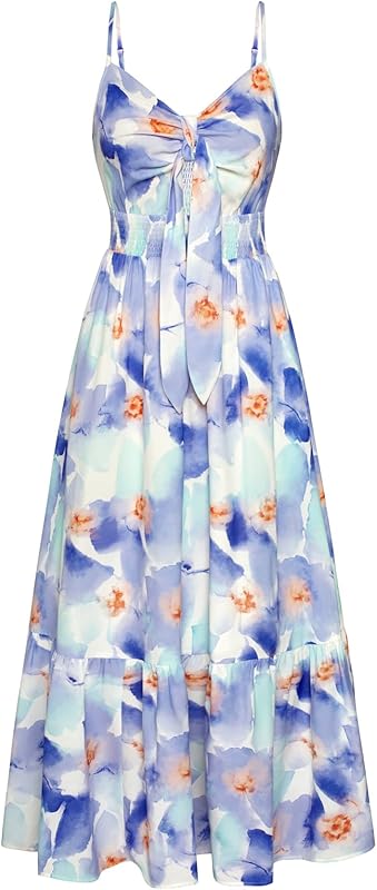 GRACE KARIN Women's 2025 Summer Maxi Dress Floral Tie Front Spaghetti Strap Casual Boho Beach Flowy Sundress with Pockets