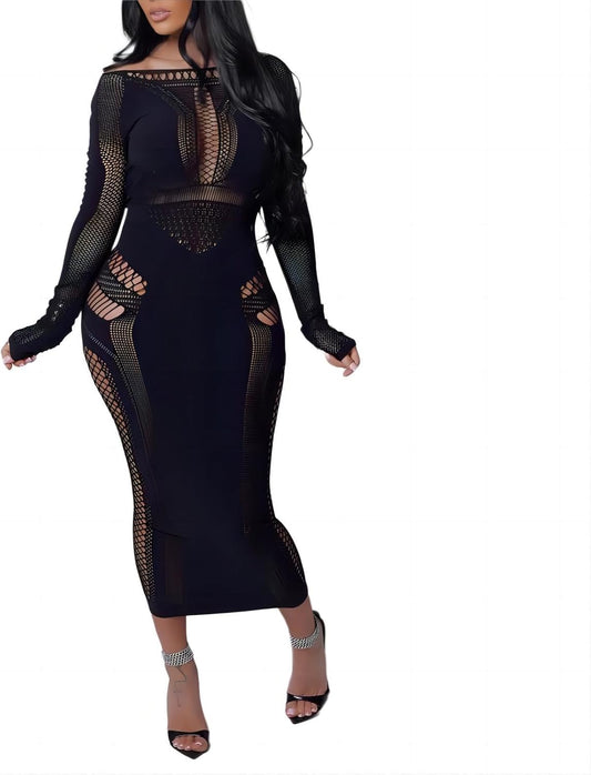 Women's Sexy Hollow Out Long Sleeves See Through Club One Piece Mesh Bodycon Maxi Dress