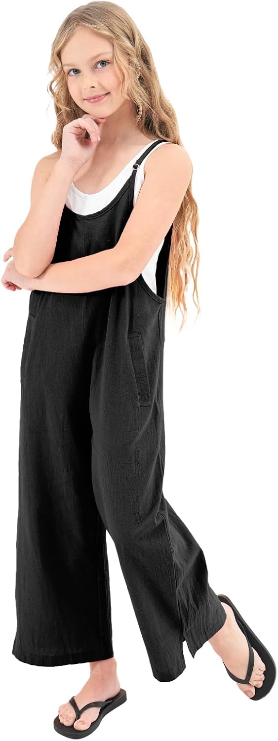 Rolanko Girls Jumpsuit Adjustable Spaghetti Strap Loose Overalls Rompers, Cotton Baggy Plain Playsuits with Pockets for Age 5-12 Years
