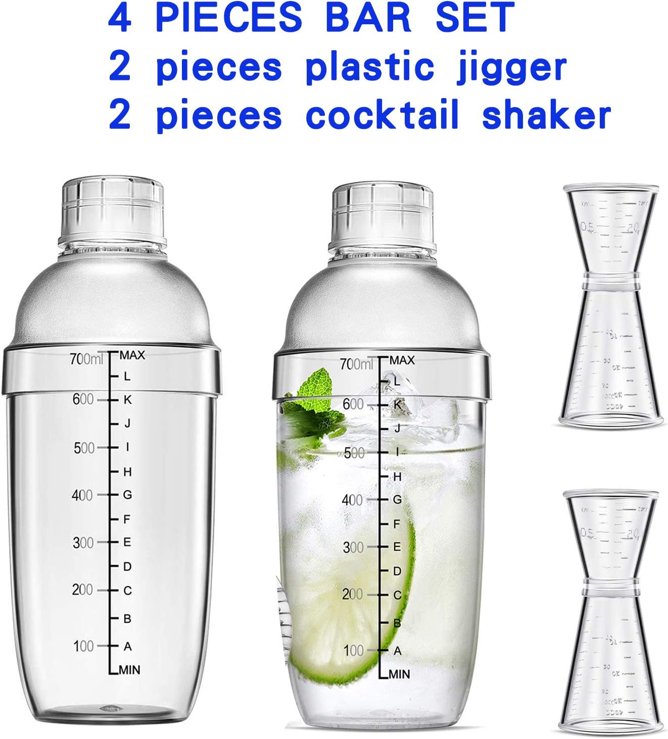 4 pcs Clear Cocktail Shaker Set 2 pcs Plastic bar Shaker with 2 pcs Plastic Cocktail Double Measuring Jigger