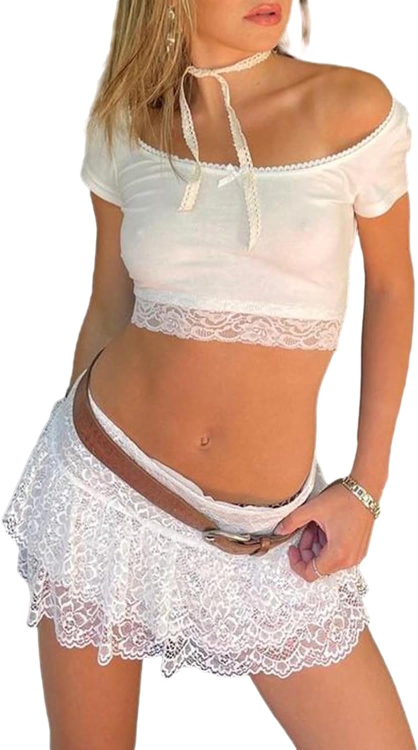 NUFIWI Women Girls Sexy Lace Mesh Skirt Ruffle Pleated Patchwork Mini Tennis Skirt Harajuku Y2K Style
