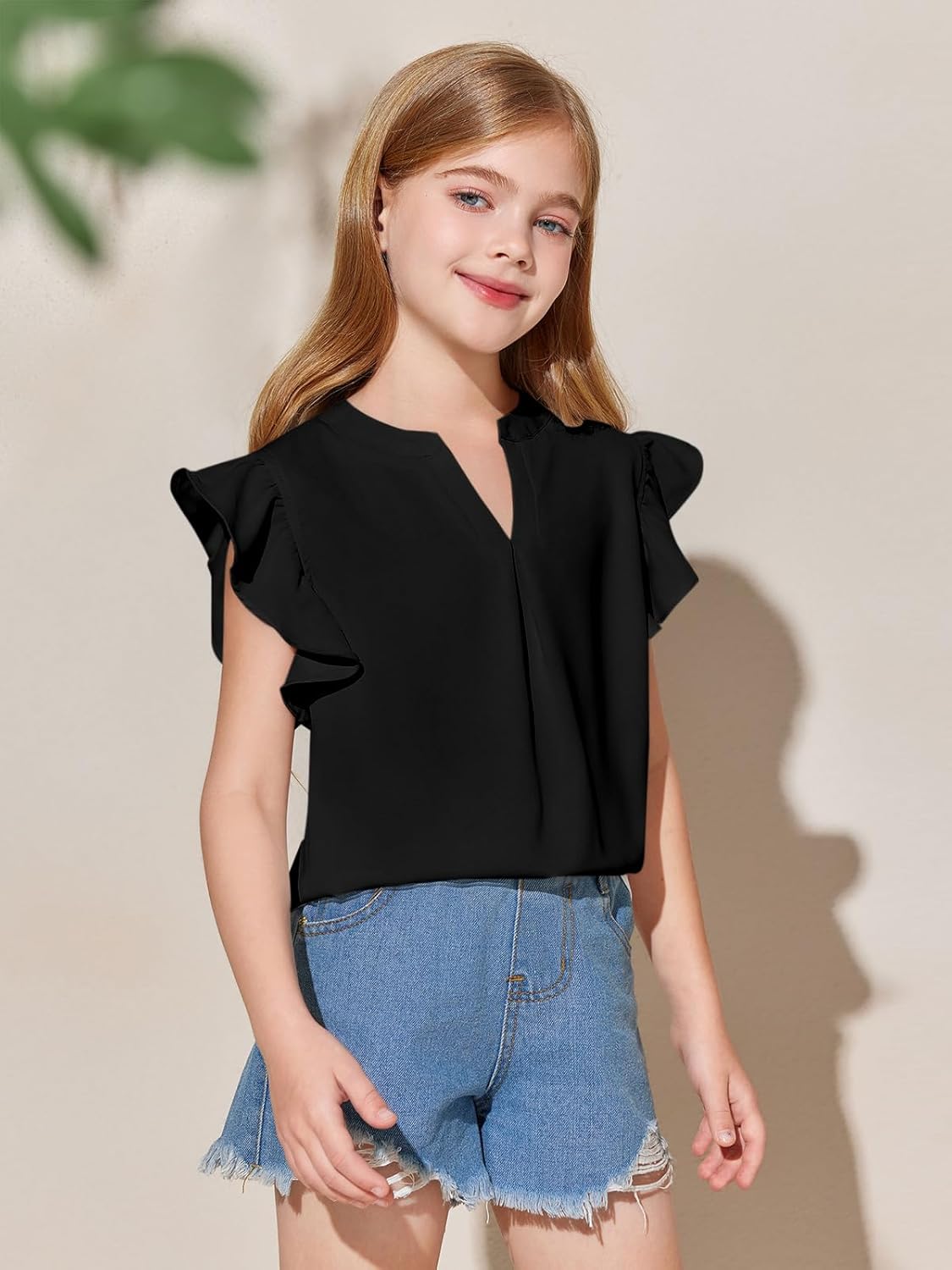 Haloumoning Girls Summer T Shirts Kids Fashion V Neck Ruffle Short Sleeve Tops Blouse 5-14 Years
