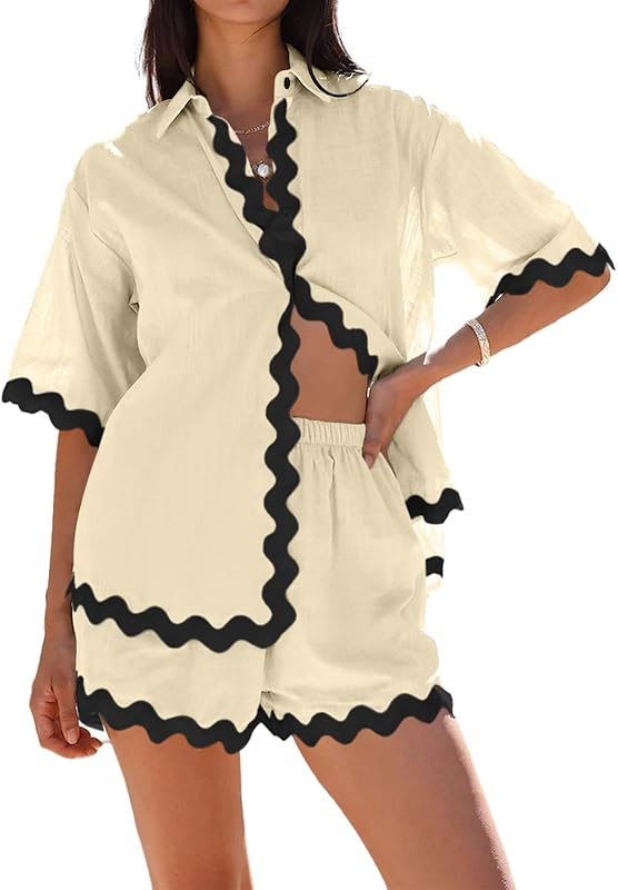 Danedvi Womens 2 Piece Outfits Beach Vacation Summer Short Sleeve Button Down Shirts and Shorts Lounge Sets
