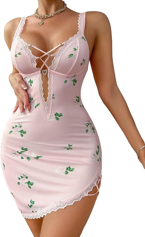 SHENHE Women's Ribbed Deep V Neck Floral Print Lace Trim Sexy Nightgown Chemise Slip Dress