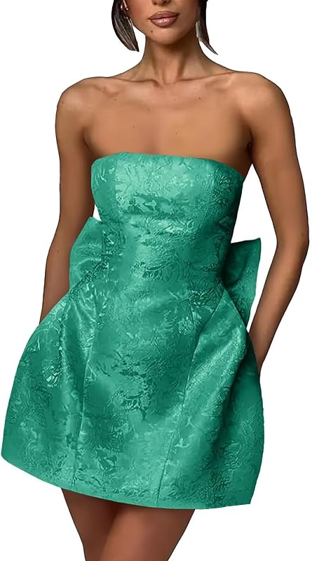 Xijun Short Jacquard Satin Homecoming Dresses for Teens Strapless Embroidery Mini Prom Cocktail Party Gown with Bow